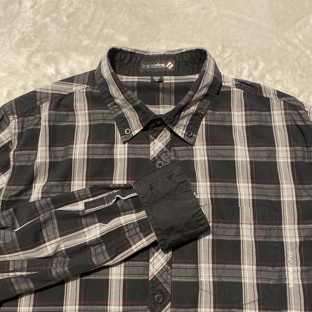 Transnine Shirt Men Sz M Black Plaid Button Down Flip Cuff Grunge Preppy Hipster
